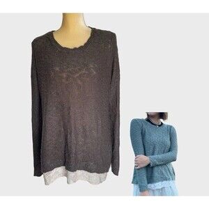 Pink Republic Pullover Sweater Womens XL Dark Gray Scoop Neck Ribbed Hem Lace